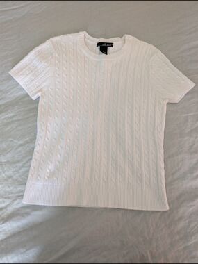 Willi Smith White Cotton Cable Knit Short Sleeve Crewneck Medium